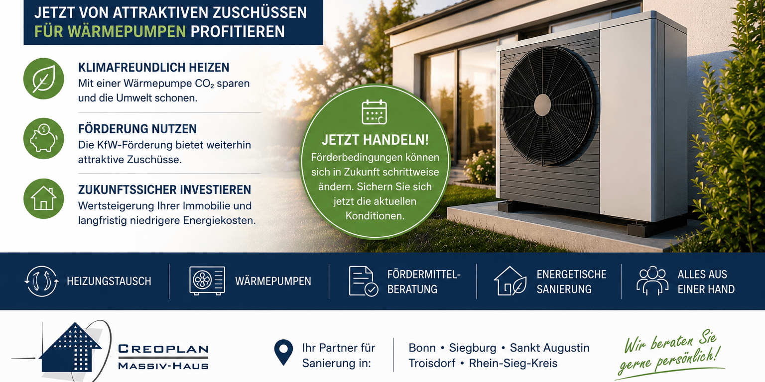 Heizungsmodernisierung mit Wärmepumpe – Aktuelle KfW-Förderung | Creoplan AG Moderne Wärmepumpe an einem Einfamilienhaus – Informationen zur KfW-Förderung für Heizungsmodernisierung und energetische Sanierung in Bonn, Troisdorf, Siegburg, Sankt Augustin und dem Rhein-Sieg-Kreis.