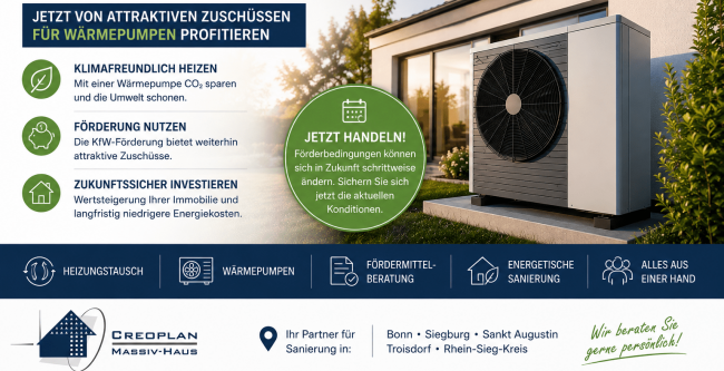 Heizungsmodernisierung mit Wärmepumpe – Aktuelle KfW-Förderung | Creoplan AG Moderne Wärmepumpe an einem Einfamilienhaus – Informationen zur KfW-Förderung für Heizungsmodernisierung und energetische Sanierung in Bonn, Troisdorf, Siegburg, Sankt Augustin und dem Rhein-Sieg-Kreis.