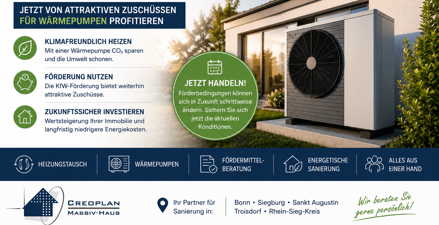 Heizungsmodernisierung mit Wärmepumpe – Aktuelle KfW-Förderung | Creoplan AG Moderne Wärmepumpe an einem Einfamilienhaus – Informationen zur KfW-Förderung für Heizungsmodernisierung und energetische Sanierung in Bonn, Troisdorf, Siegburg, Sankt Augustin und dem Rhein-Sieg-Kreis.